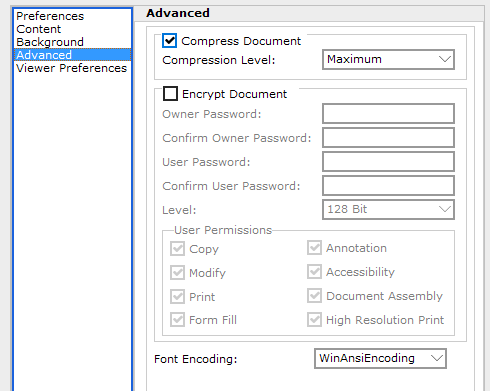 The Advanced screen in the PDF Setup dialog